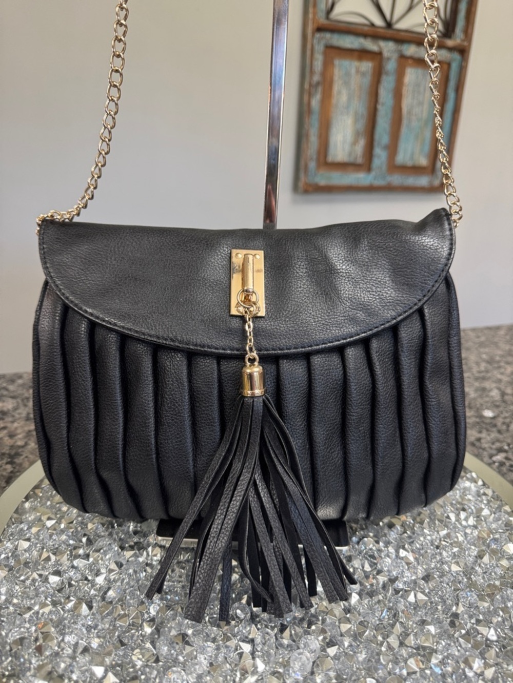 Mix No. 6 Black Pleated Crossbody Bag with Tassel and Gold crossbody Chain